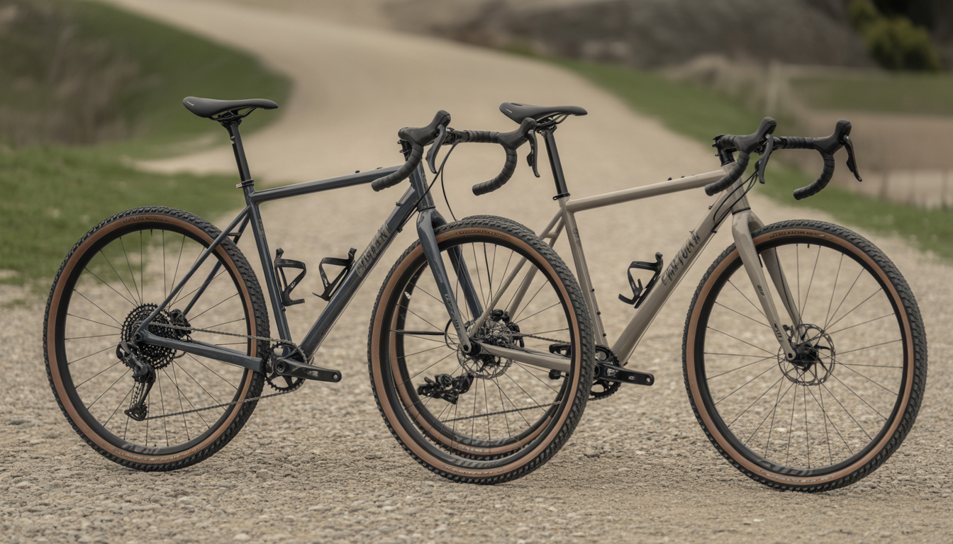 Vélos gravel en rangée sur sentier, style photoréaliste