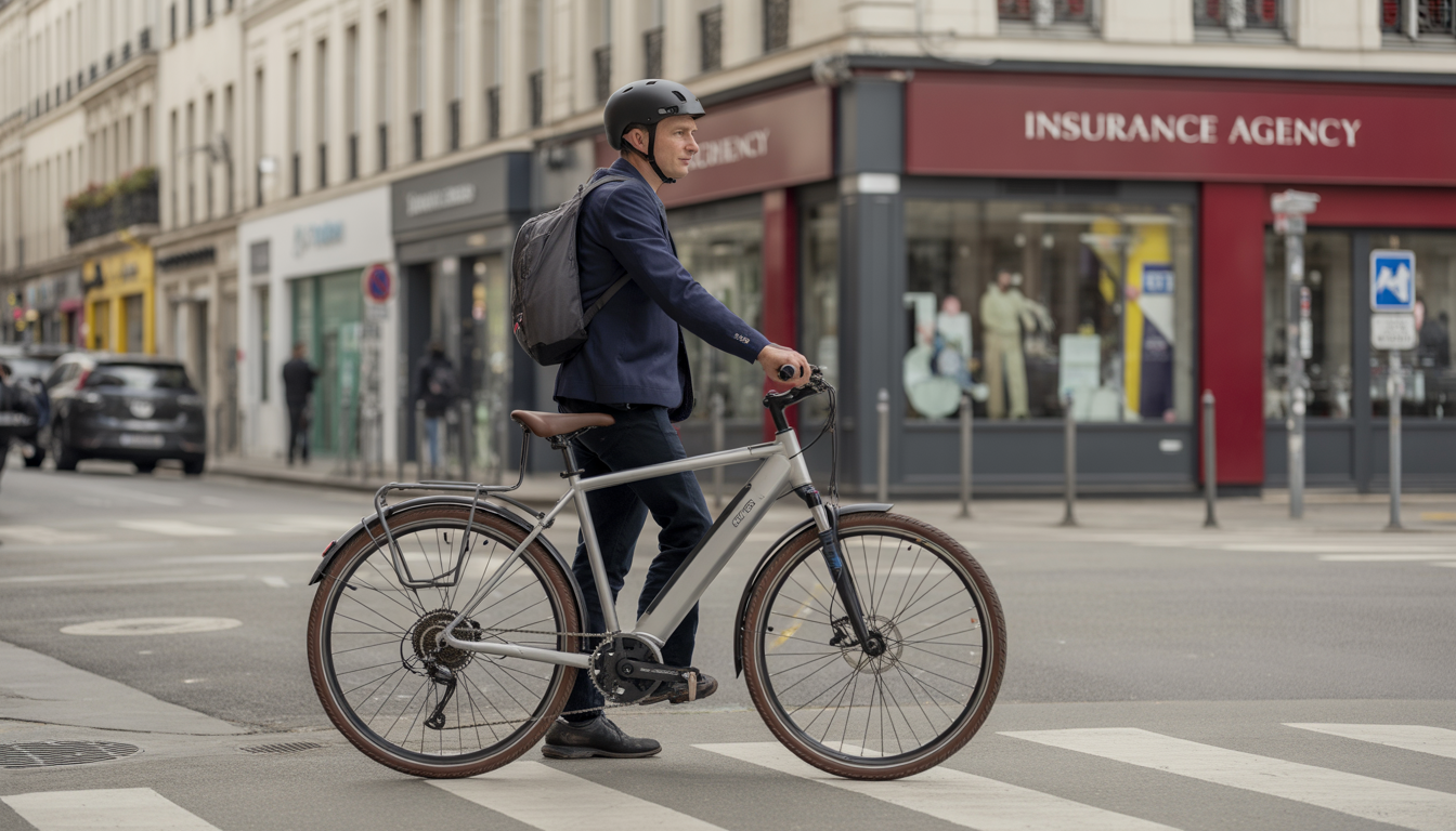 Cycliste avec casque marchant à côté d’un vélo électrique dans une rue urbaine française