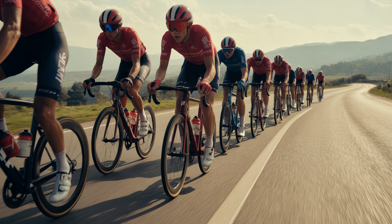 Peloton de cyclistes en peloton serré, prise de vue basse en action avec flou de mouvement, coureur de tête abrité par ses coéquipiers en maillots assortis et casques aérodynamiques sur une route ensoleillée sinueuse avec montagnes au loin
