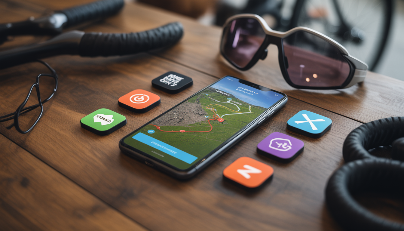 Smartphone affichant une carte de cyclisme entouré d'icônes d'applications et d'équipement vélo