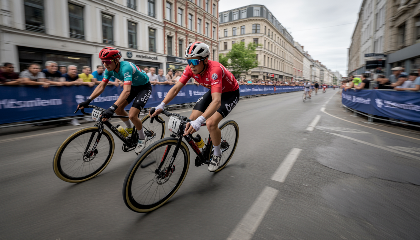Cyclistes en pleine course à Lille avec flou de mouvement