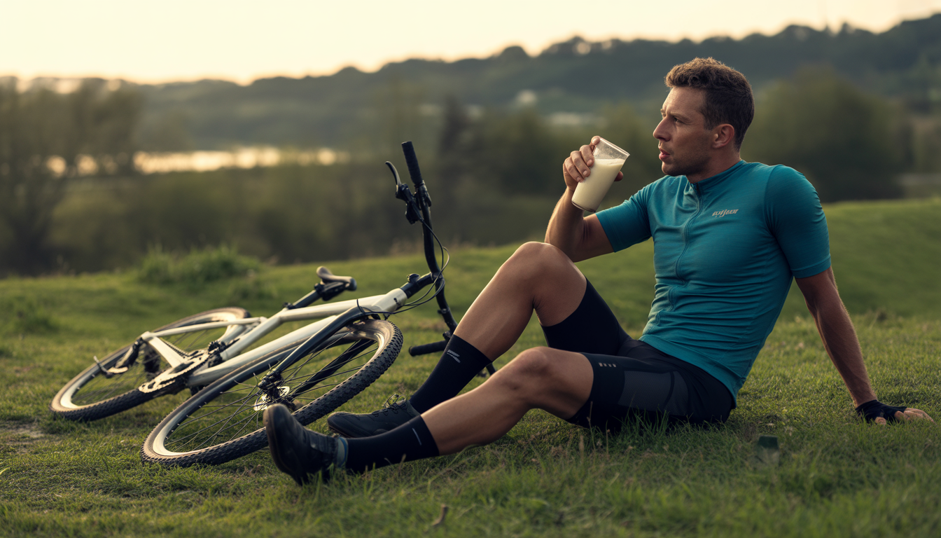 Cycliste assis sur l'herbe buvant une boisson de récupération avec son vélo à côté