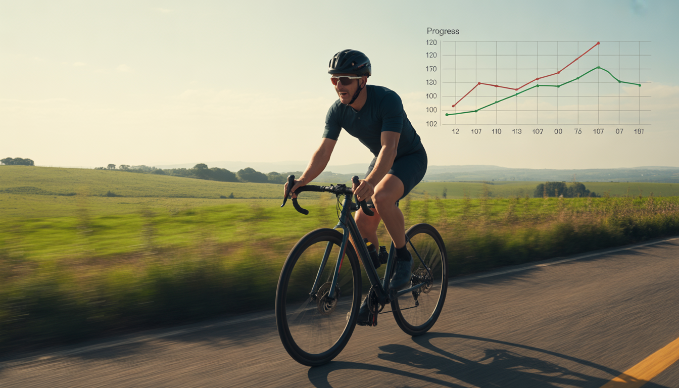 Cycliste débutant en tenue sportive pédalant sur une route de campagne