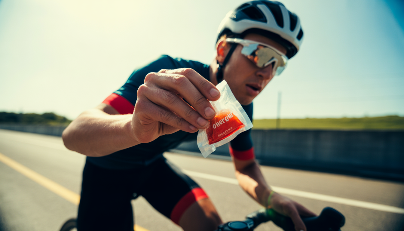 Gros plan d'un cycliste en pleine course saisissant un gel énergétique, main déchirant le sachet, visage concentré et en sueur, flou de mouvement, vélo de route.
