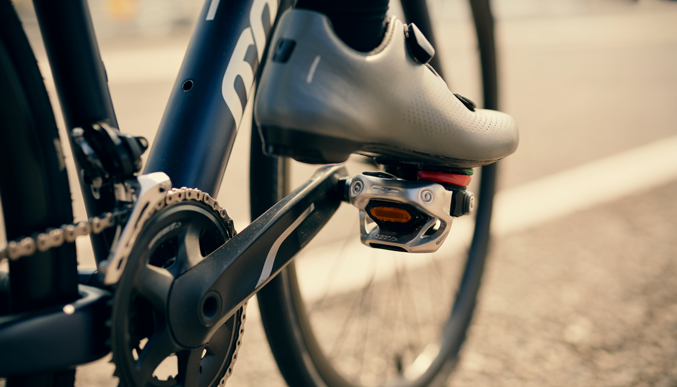 Gros plan photoréaliste d'une pédale automatique de vélo de route avec chaussure de cyclisme et cale parfaitement engagées, mise au point sur la connexion métal pédale-cale, fond flou neutre