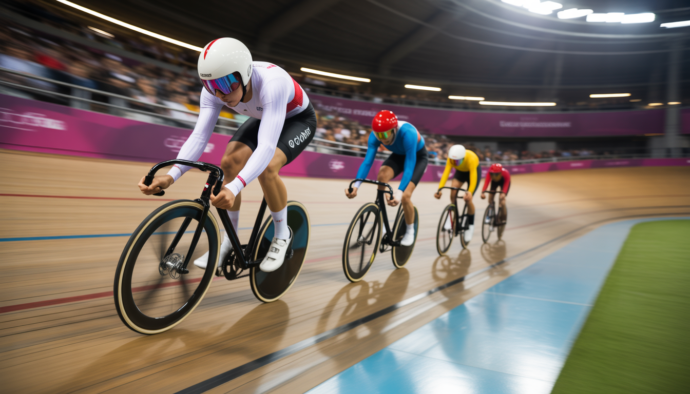 Cyclistes en pleine course sur la piste inclinée d’un vélodrome, contre-plongée, flou de mouvement aux roues et foule floutée en arrière-plan