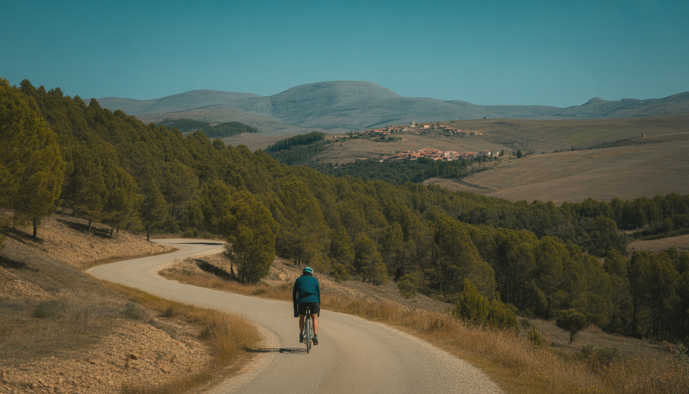 Cycliste solitaire sur une piste sinueuse à travers une forêt de pins, montagnes arides en arrière-plan, villages aux toits rouges sur des collines et ciel bleu intense baigné d'une lumière dorée