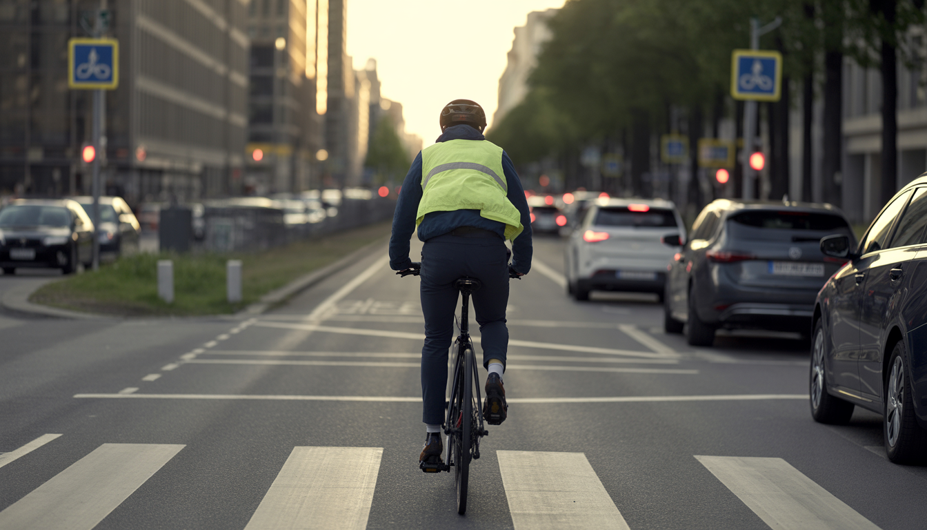 Cycliste portant casque et gilet réfléchissant, bras tendu pour tourner à gauche sur une piste cyclable urbaine au crépuscule, feux avant et arrière allumés, sas vélo et voitures garées en arrière-plan.