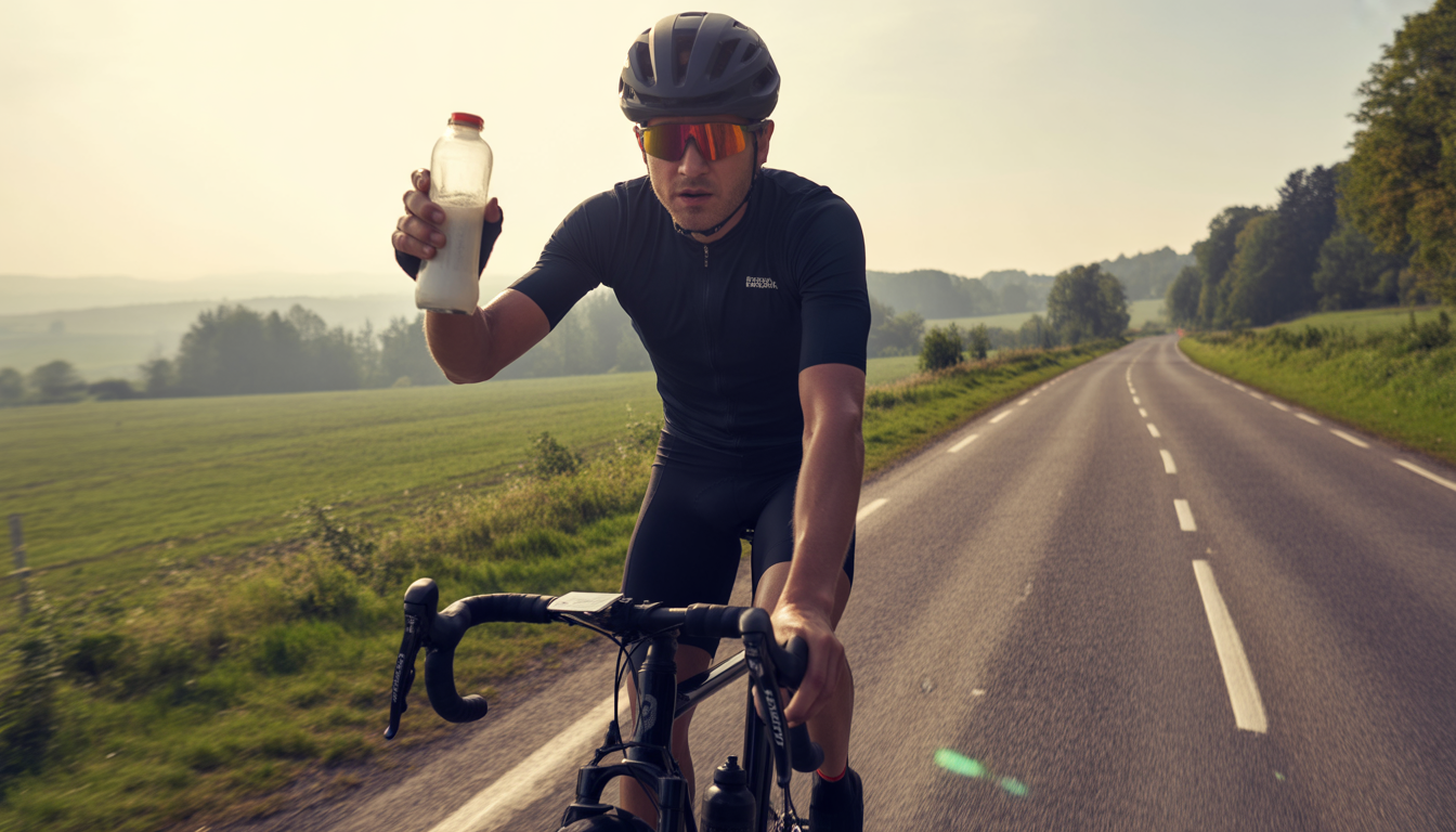 Cycliste en tenue et casque buvant à sa gourde sur une route de campagne ensoleillée, sueur visible, gouttes sur la bouteille et léger flou de mouvement en arrière-plan