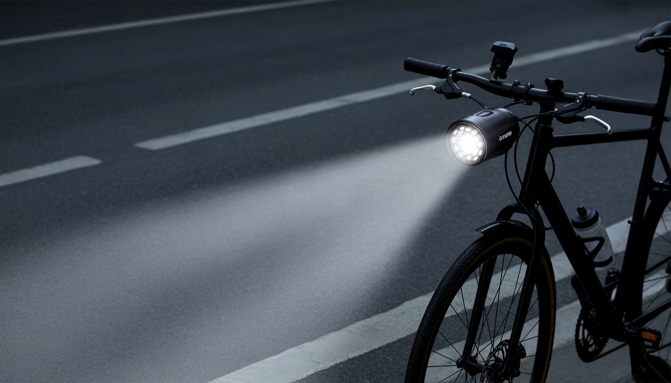 Lampe avant de vélo ultra-lumineuse 2500 lumens fixée au guidon, faisceau long éclairant une route asphaltée mouillée la nuit, matrice de LED et support métallique visibles, silhouette du vélo et marquages réfléchissants