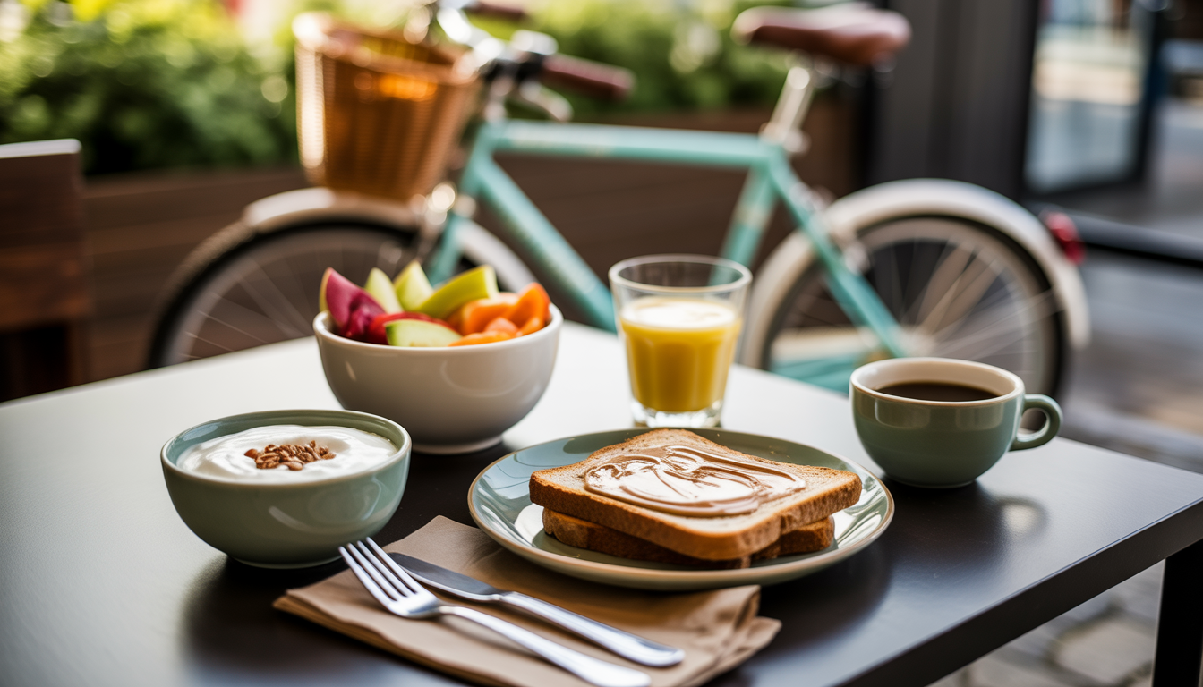 Petit-déjeuner équilibré sur table — tartine de pain complet au beurre de noix, bol de fruits frais, yaourt nature et tasse de café noir; vélo flou en arrière-plan, lumière matinale chaude