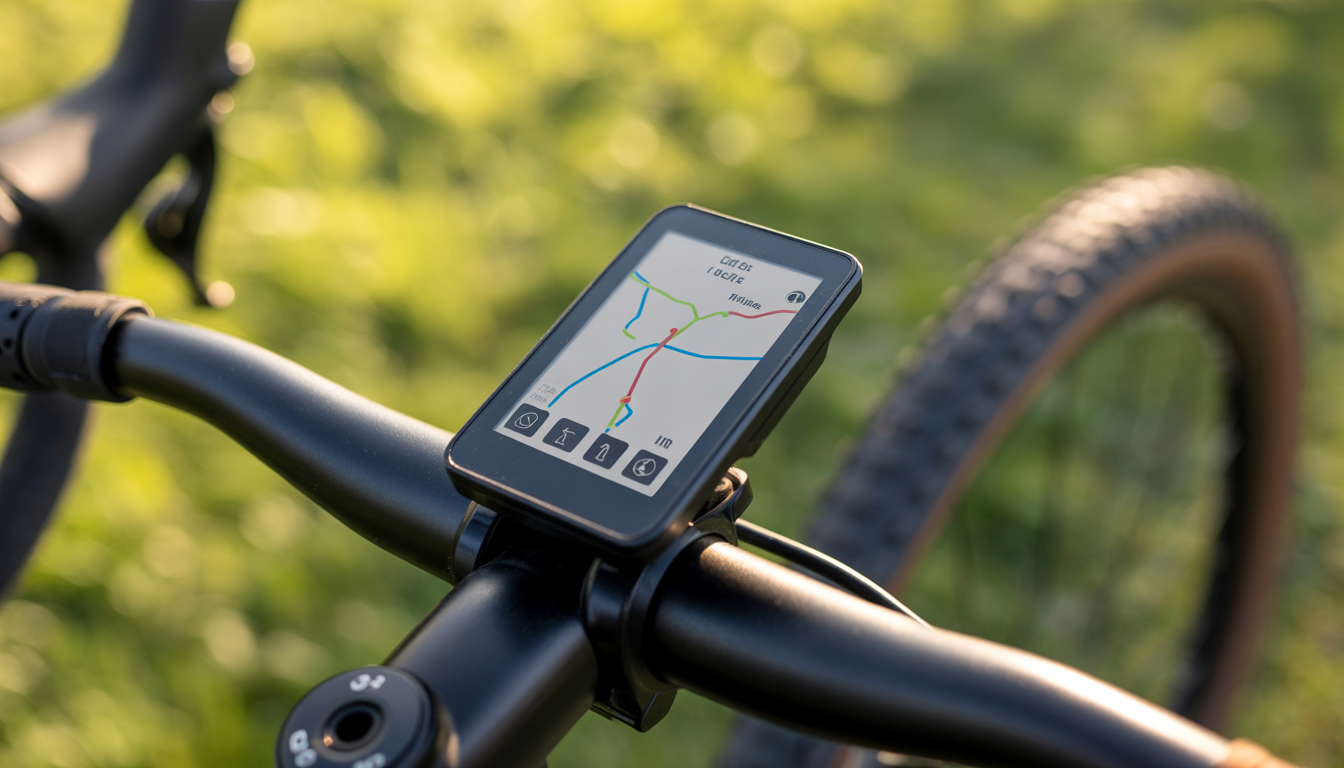 Compteur GPS vélo moderne fixé au guidon, gros plan sur écran tactile lumineux affichant une carte colorée, jauge de vitesse graphique, icônes et barres pour distance et altitude, finitions carbone et arrière-plan routier flou
