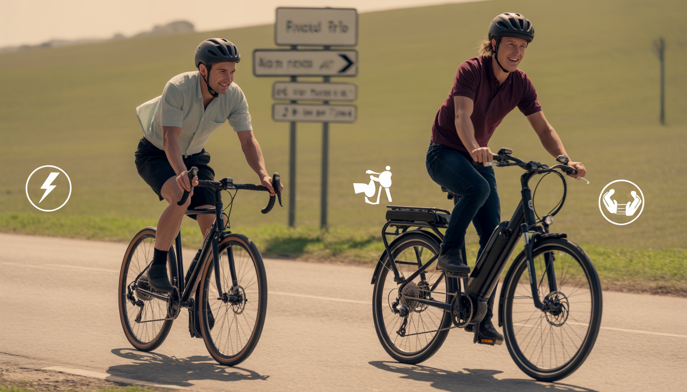 Deux cyclistes côte à côte sur une route de campagne : à gauche un cycliste sur un vélo léger classique pédale intensément, visage concentré ; à droite un cycliste sur un vélo électrique plus massif avec batterie intégrée sourit sans effort. Légère montée en arrière-plan, panneau directionnel central sans texte, petits pictogrammes (éclair près du vélo électrique, biceps près du vélo classique). Lumière naturelle chaude, profondeur de champ faible, photographie photoréaliste.
