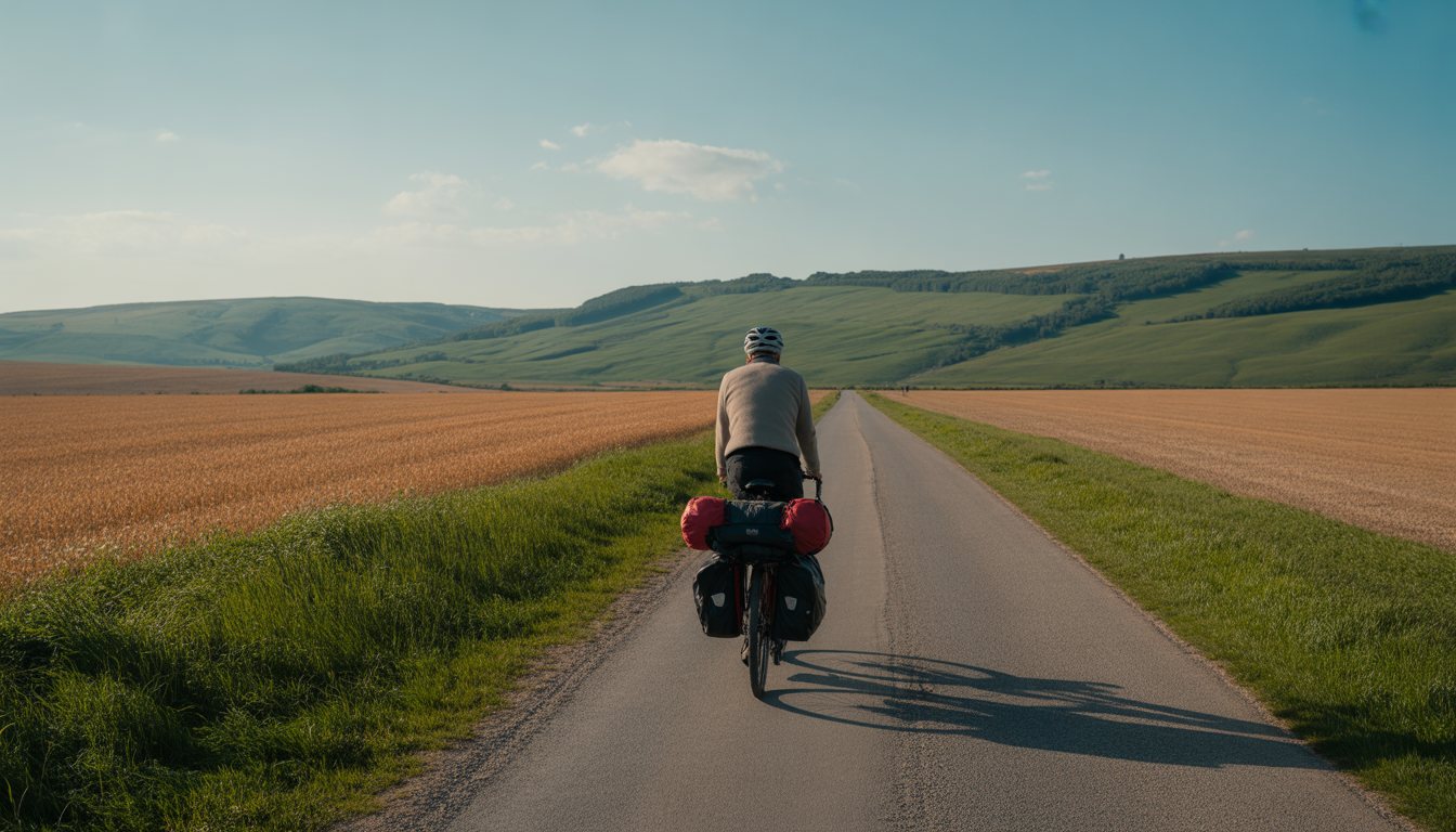 Cycliste solitaire chargé de sacs de voyage roulant sur une route de campagne sinueuse, entourée de champs de blé dorés et de collines verdoyantes sous un ciel clair et lumineux