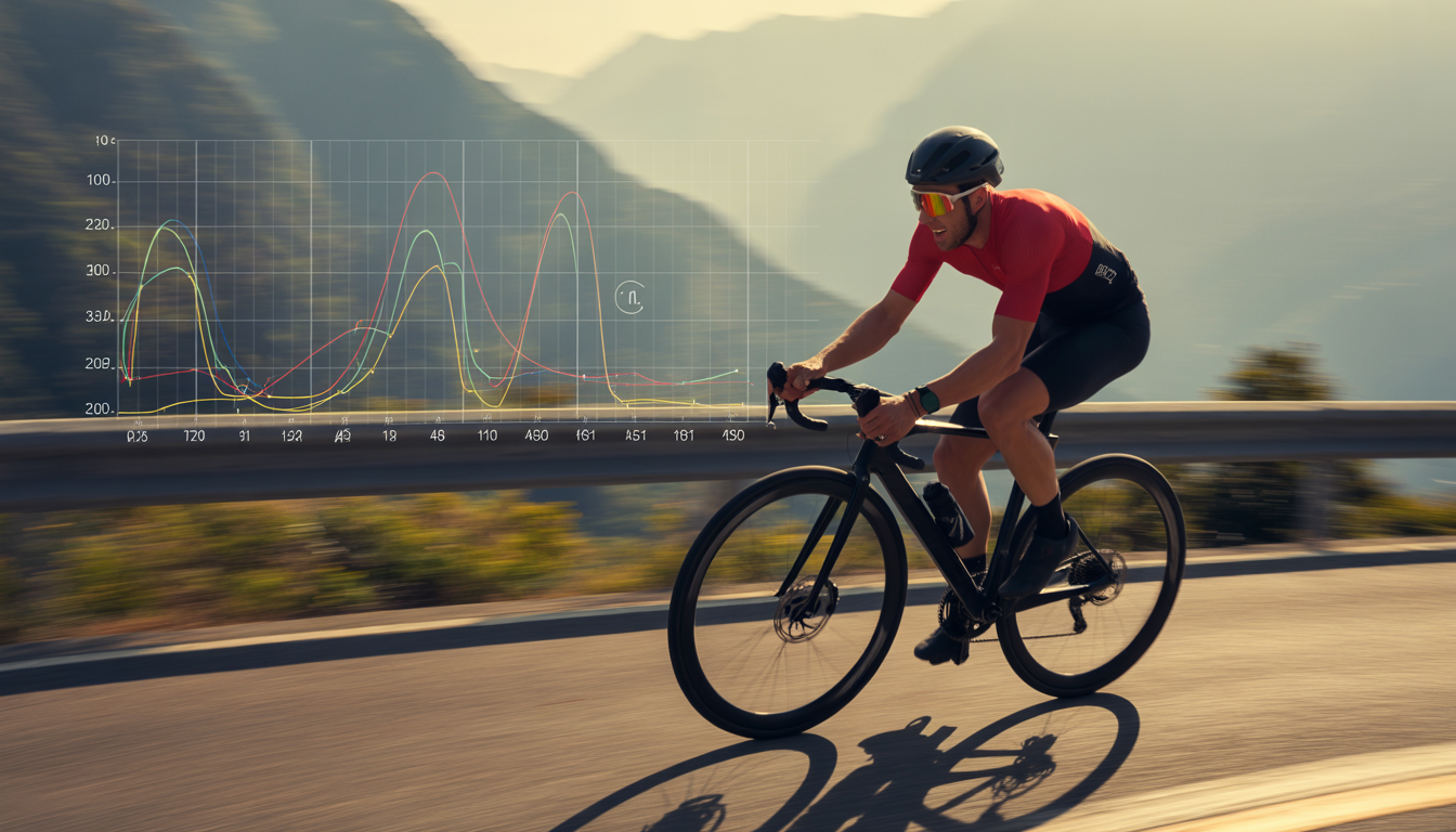 Cycliste professionnel en plein sprint sur une route de montagne, poignet avec moniteur cardiaque visible, courbes de données d'entraînement translucides en surimpression, flou de mouvement et lumière de l'heure dorée.
