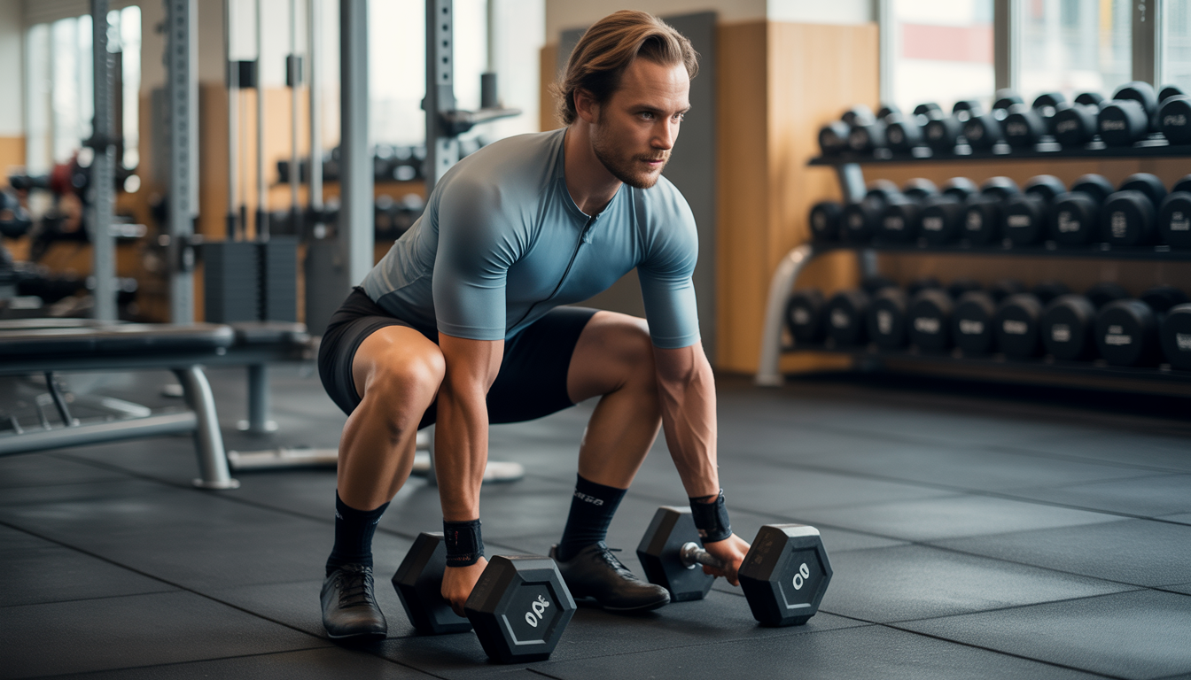 Cycliste musclé en tenue réalisant un squat avec haltère dans une salle de sport moderne, muscles des jambes et du tronc visibles, lumière naturelle