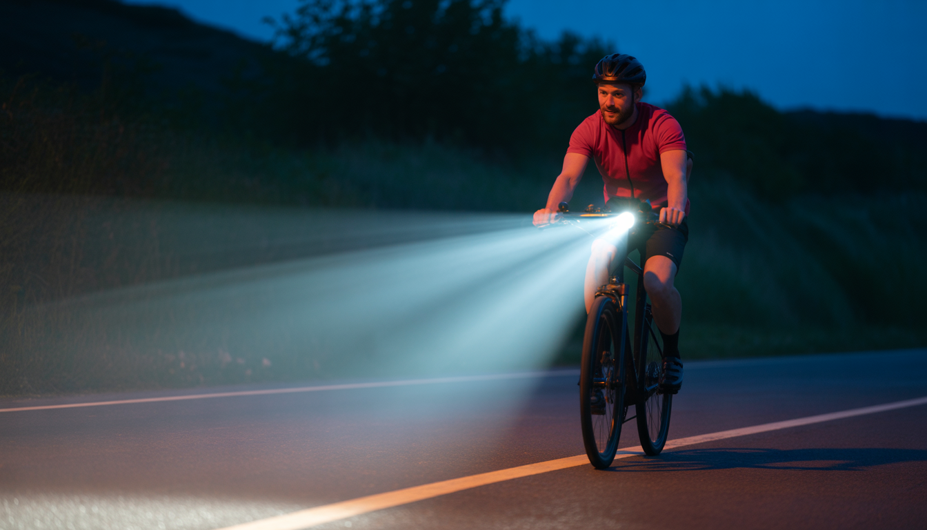 Vélo de nuit dont le phare avant LED ultra‑puissant projette un large faisceau sur une route sombre et humide, cycliste partiellement visible, bitume réfléchissant, forts contrastes.