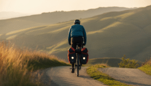 Cycliste déterminé pédalant sur une route de campagne sinueuse au golden hour, collines vallonnées françaises baignées de lumière dorée, vélo chargé de sacoches, diagonales dynamiques suggérant vitesse et immensité.