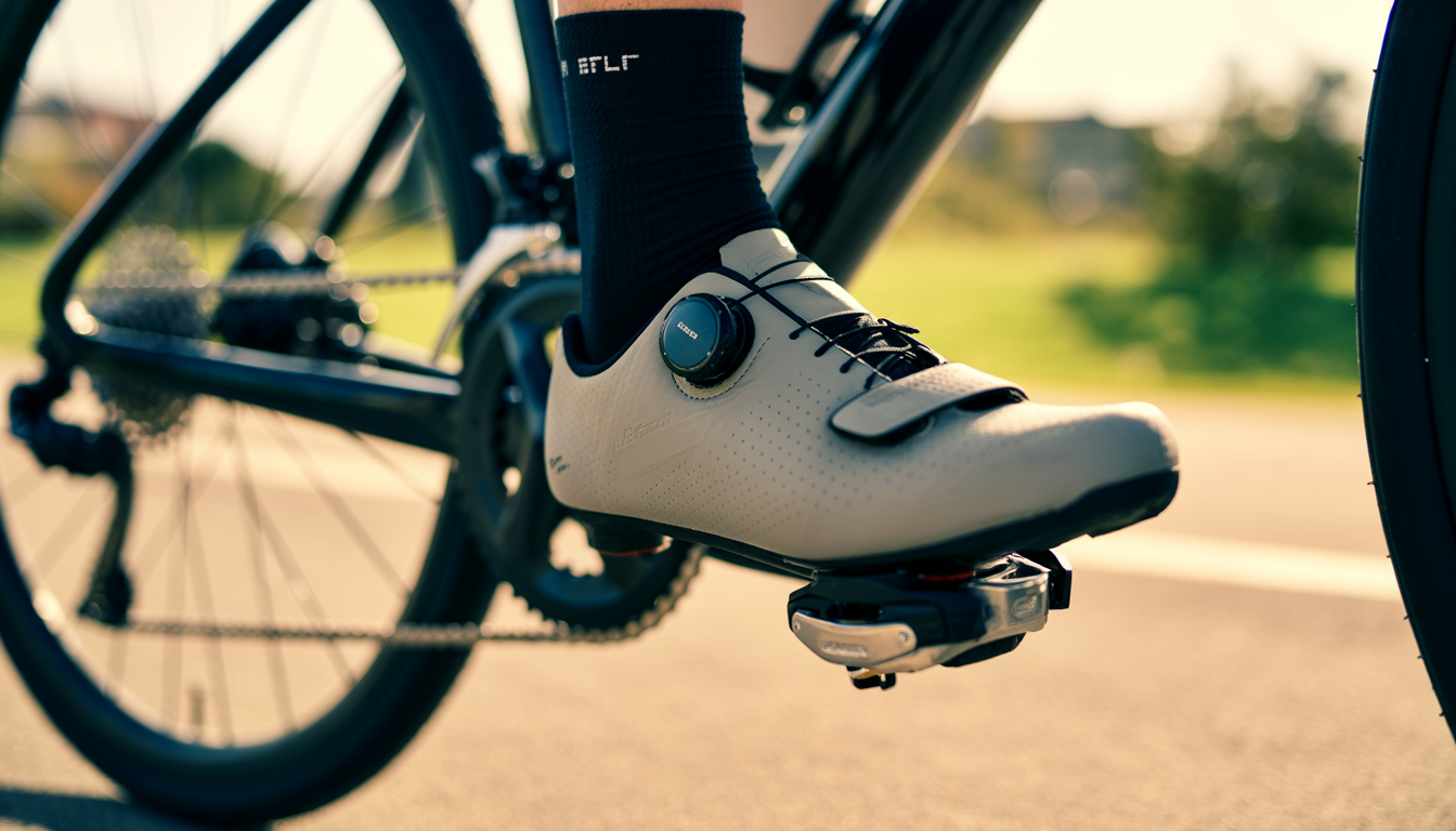 Gros plan d'une pédale automatique de vélo avec chaussure de cycliste en carbone prête à s'enclencher, cale métallique visible et reflets réalistes