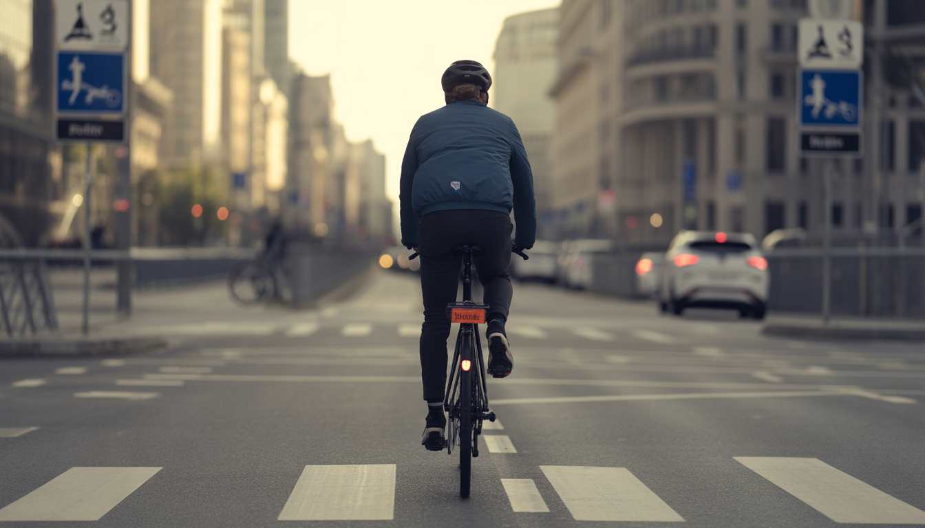 Photographie d'un cycliste urbain casqué sur une piste cyclable, vélo avec étiquette floutée, arrière-plan urbain flou et panneau de sécurité illustratif