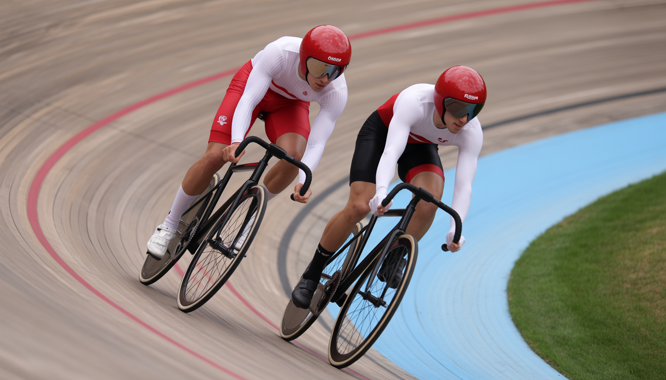Deux cyclistes en tenue nationale penchés dans la courbe inclinée d'un vélodrome olympique, muscles tendus, regards concentrés, sensation de vitesse, gradins flous et bandes colorées de la piste.