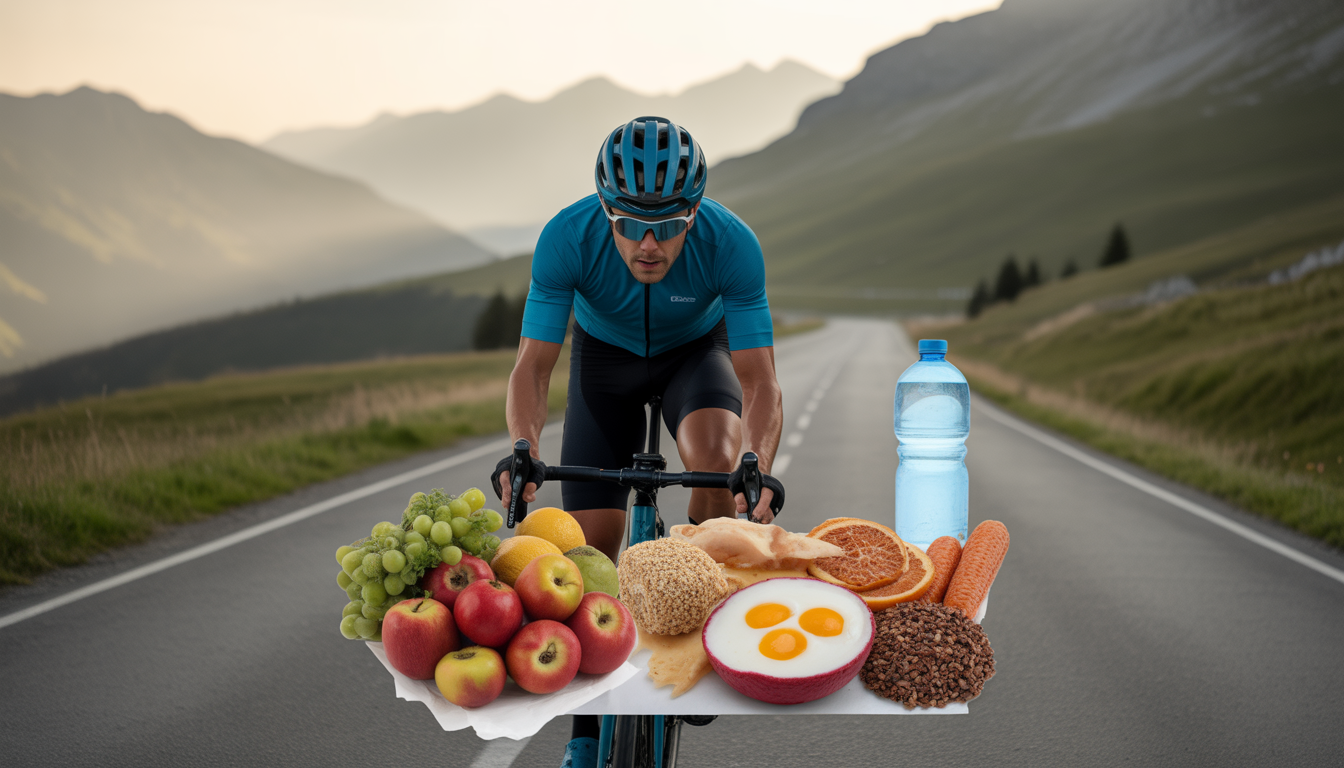 Cycliste en plein effort sur une route de montagne avec une superposition d’aliments sains comme fruits frais, céréales complètes, œufs, poisson, bouteille d’eau et barres énergétiques.