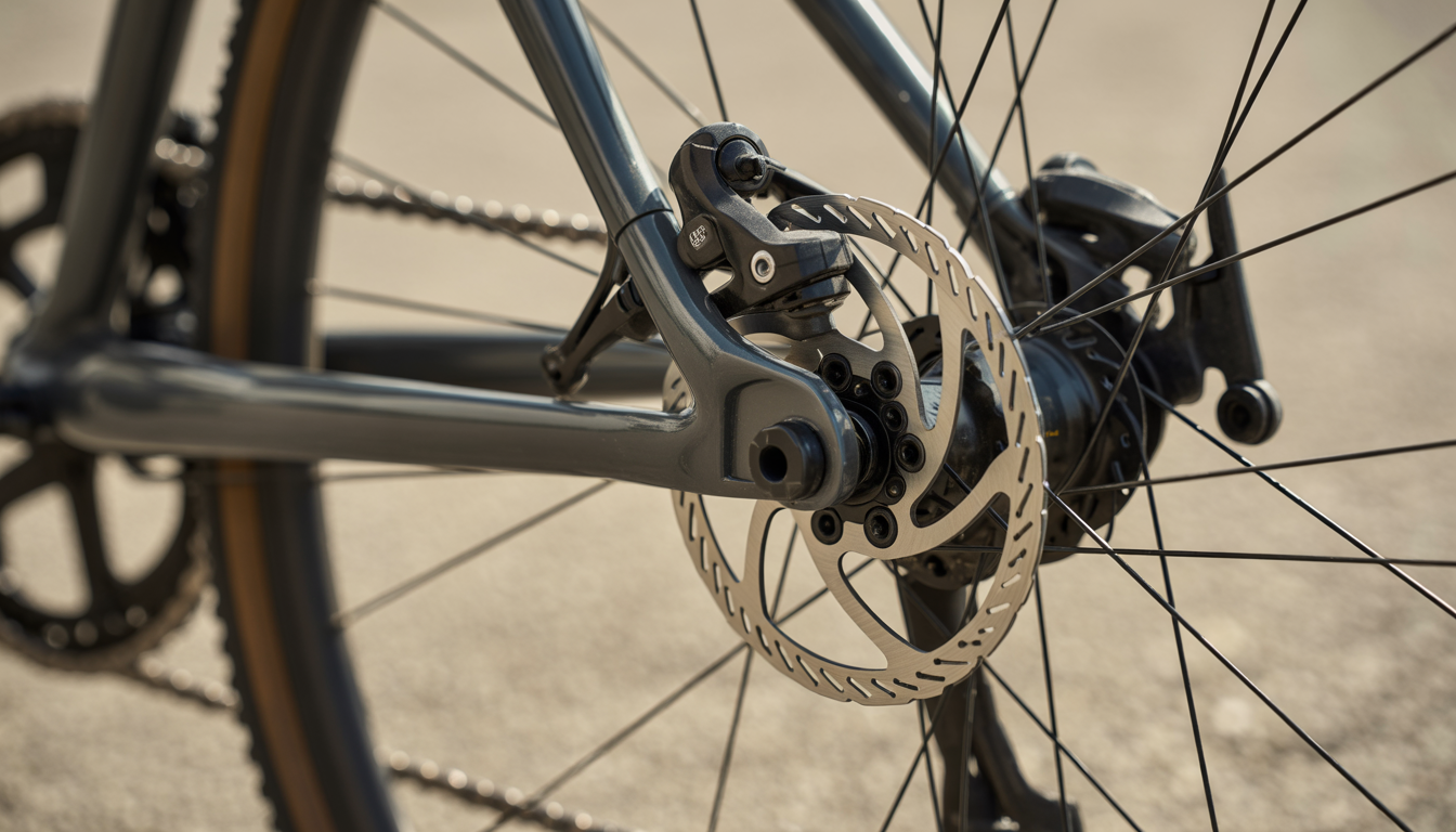 Gros plan réaliste d’un étrier de frein caliper double pivot fixé à la fourche d’un vélo de route, avec la roue en arrière-plan flou.