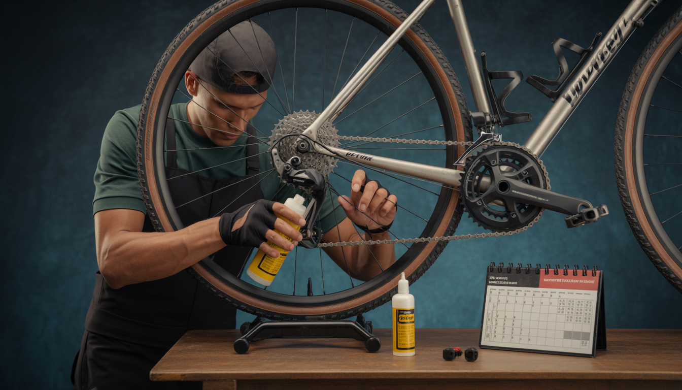 Cycliste agenouillé appliquant du lubrifiant sur la chaîne propre et brillante d’un vélo sur support, avec compteur kilométrique et calendrier d’entretien en arrière-plan.