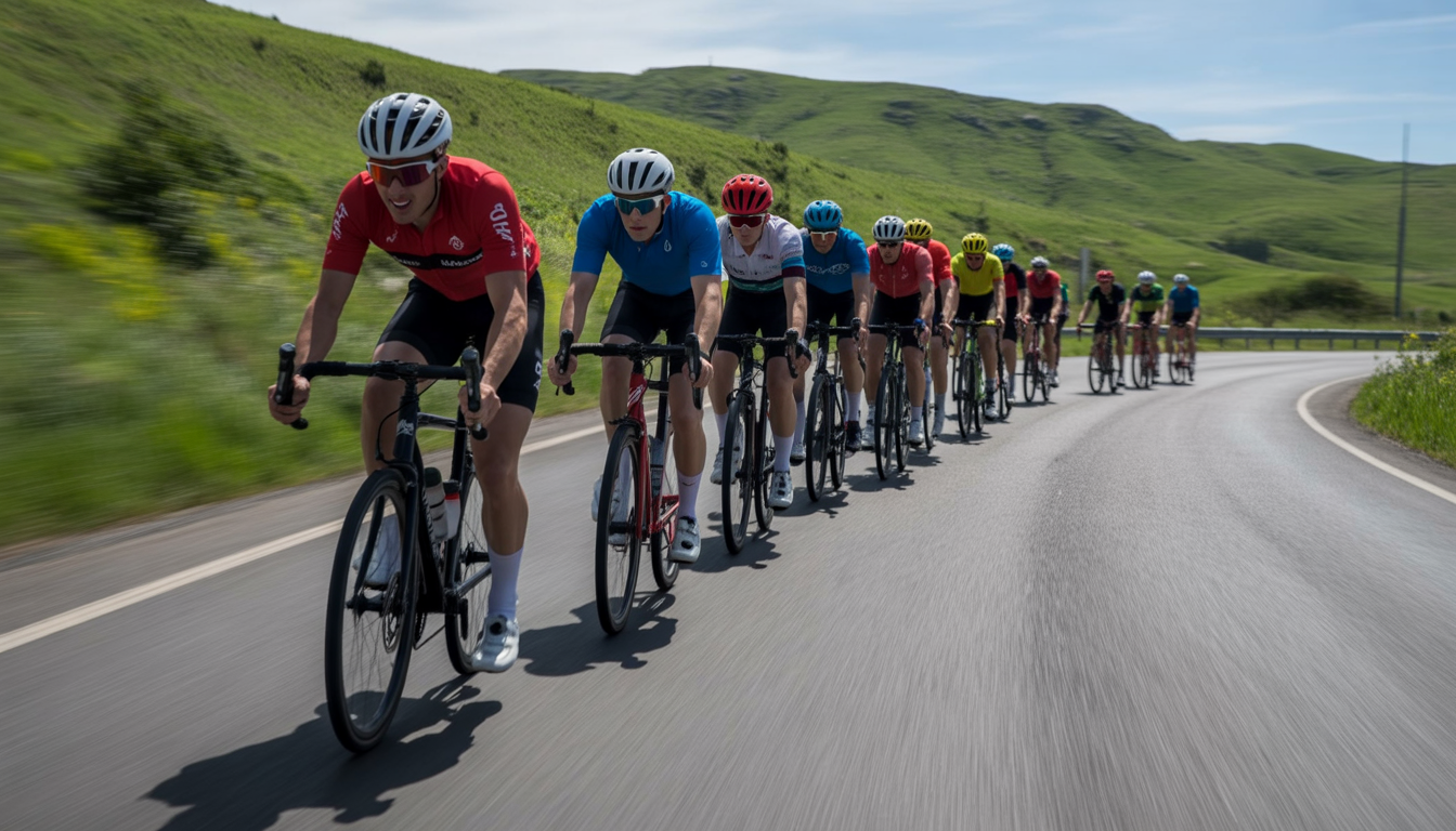 Groupe de cyclistes en peloton serré sur une route sinueuse, avec un leader en tête, des collines verdoyantes et un ciel bleu ensoleillé.