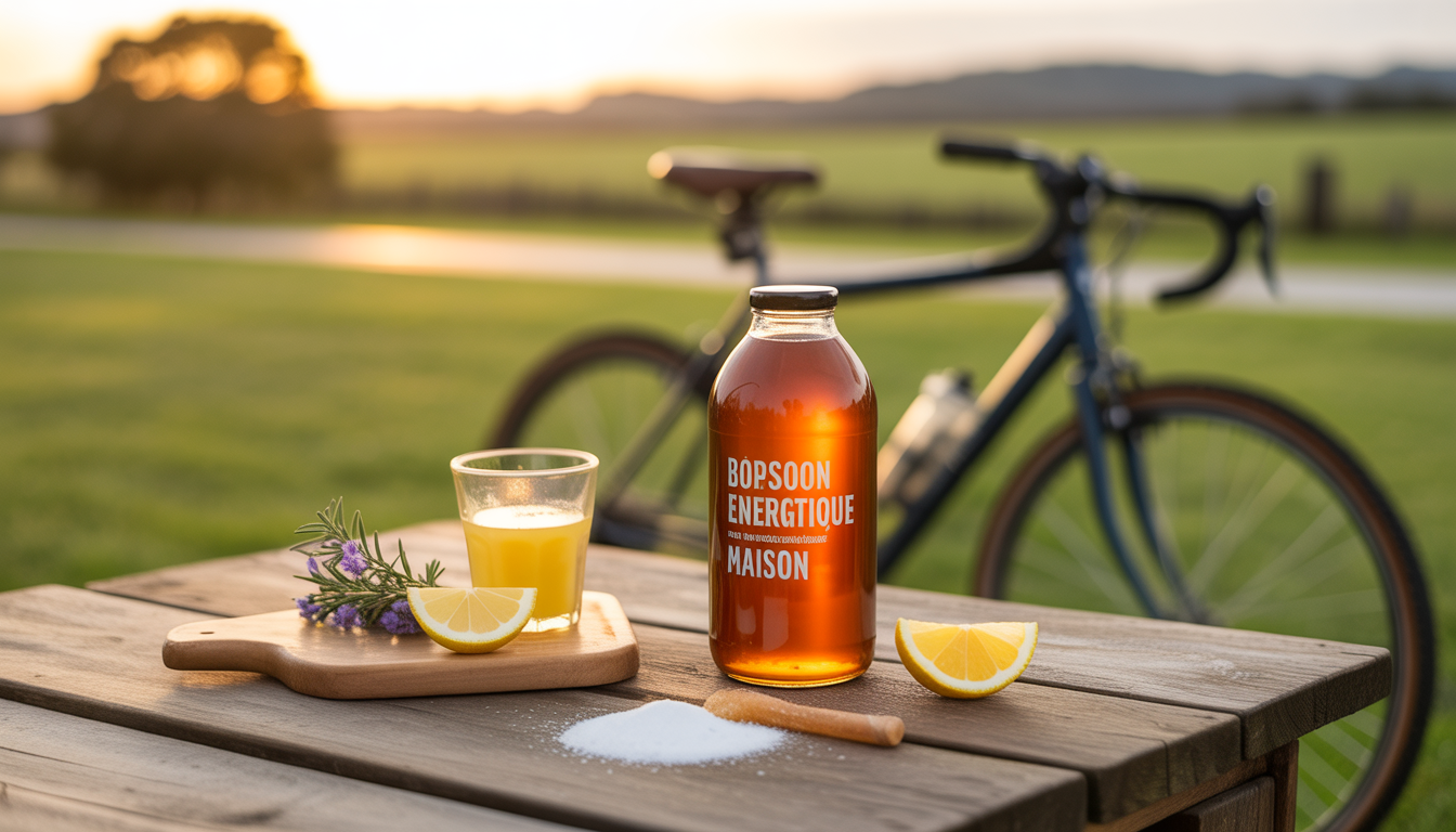 Bouteille de boisson énergétique maison versant dans un bidon de vélo, avec miel, jus de citron, myrtilles et sel sur table en bois rustique, vélo de route en arrière-plan.