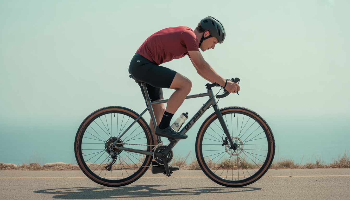 Cycliste en tenue ajustée sur un vélo de route, réglant la hauteur de la selle avec talon posé sur la pédale en position basse, dos droit et épaules relâchées.