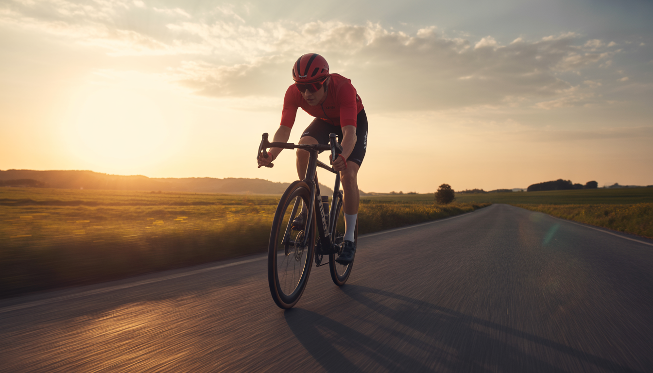 Cycliste de route en sprint explosif, penché en position aérodynamique avec les mains sur les drops du guidon, sur une route de campagne au coucher du soleil.
