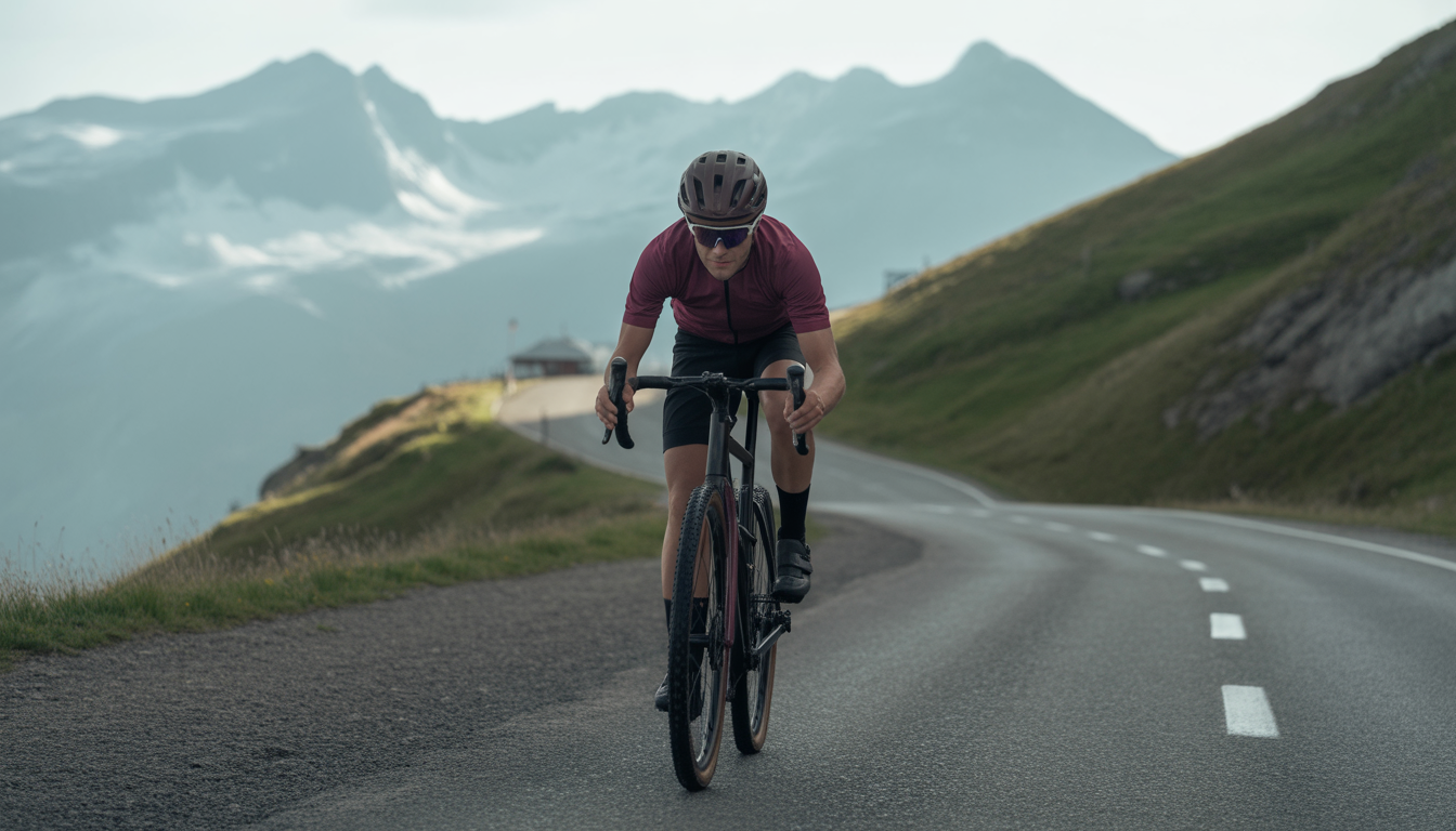 Cycliste en position de danseuse gravissant un col alpin escarpé sur un vélo de route, penché en avant, mains sur les cocottes, avec une route sinueuse et des montagnes enneigées en arrière-plan.