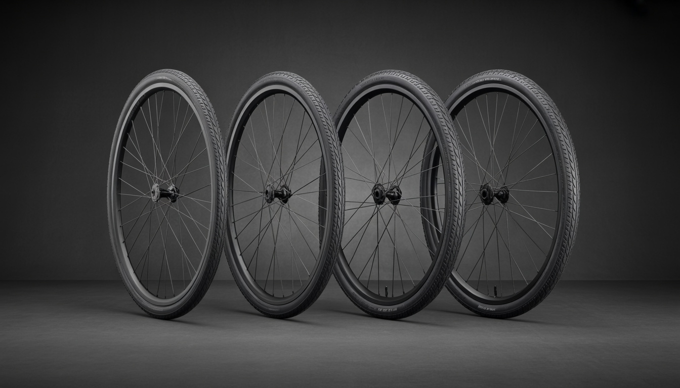 Quatre roues de vélo alignées en studio comparant des pneus de route de 23, 25, 28 et 30 mm sur jantes, avec éclairage doux et fond neutre.