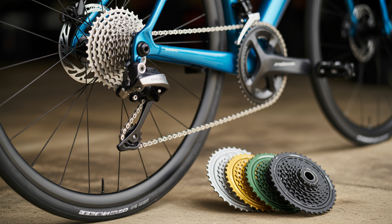 Gros plan sur la roue arrière d’un vélo de route avec une cassette Shimano 11-28 brillante, un dérailleur arrière, une chaîne tendue et trois cassettes alternatives à côté, sur fond d’atelier neutre.