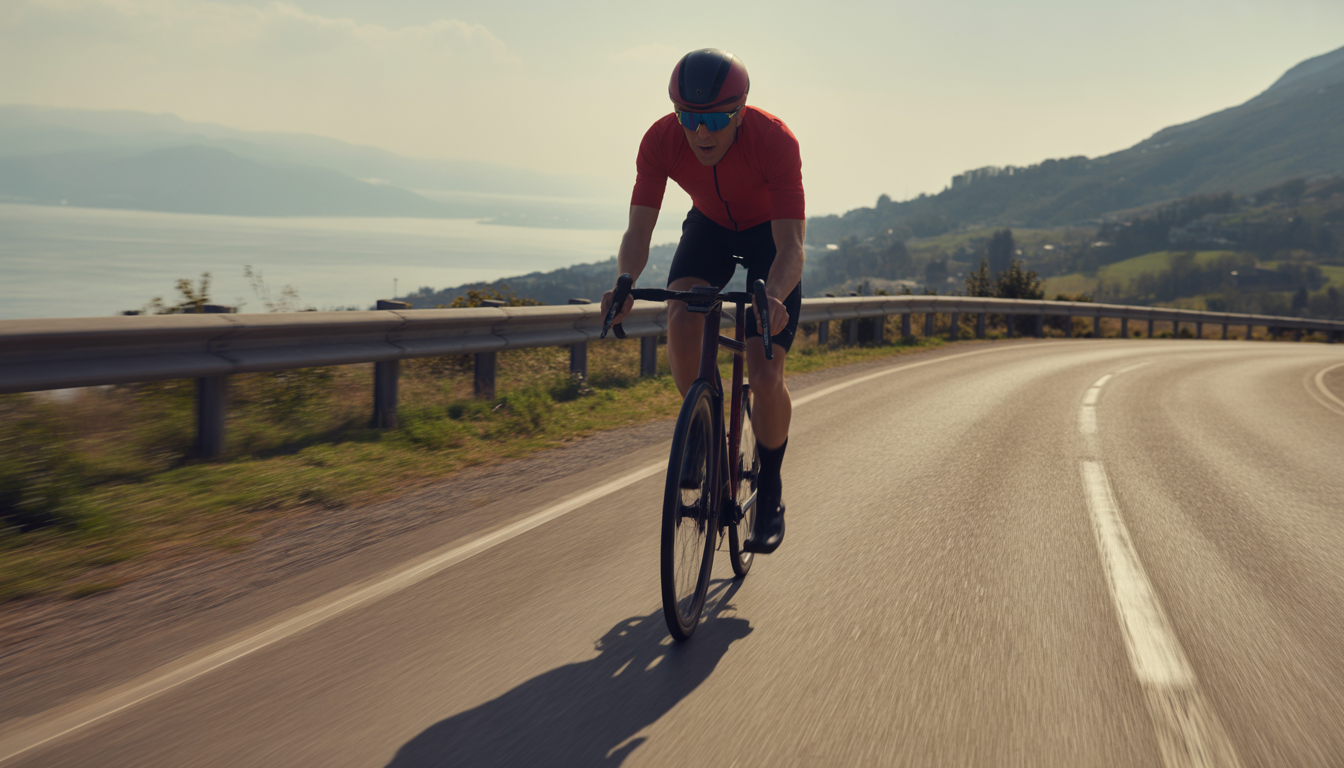 Cycliste sur vélo de route en plein effort, en posture aérodynamique, avec compteur de cadence visible sur une route plate légèrement en descente.