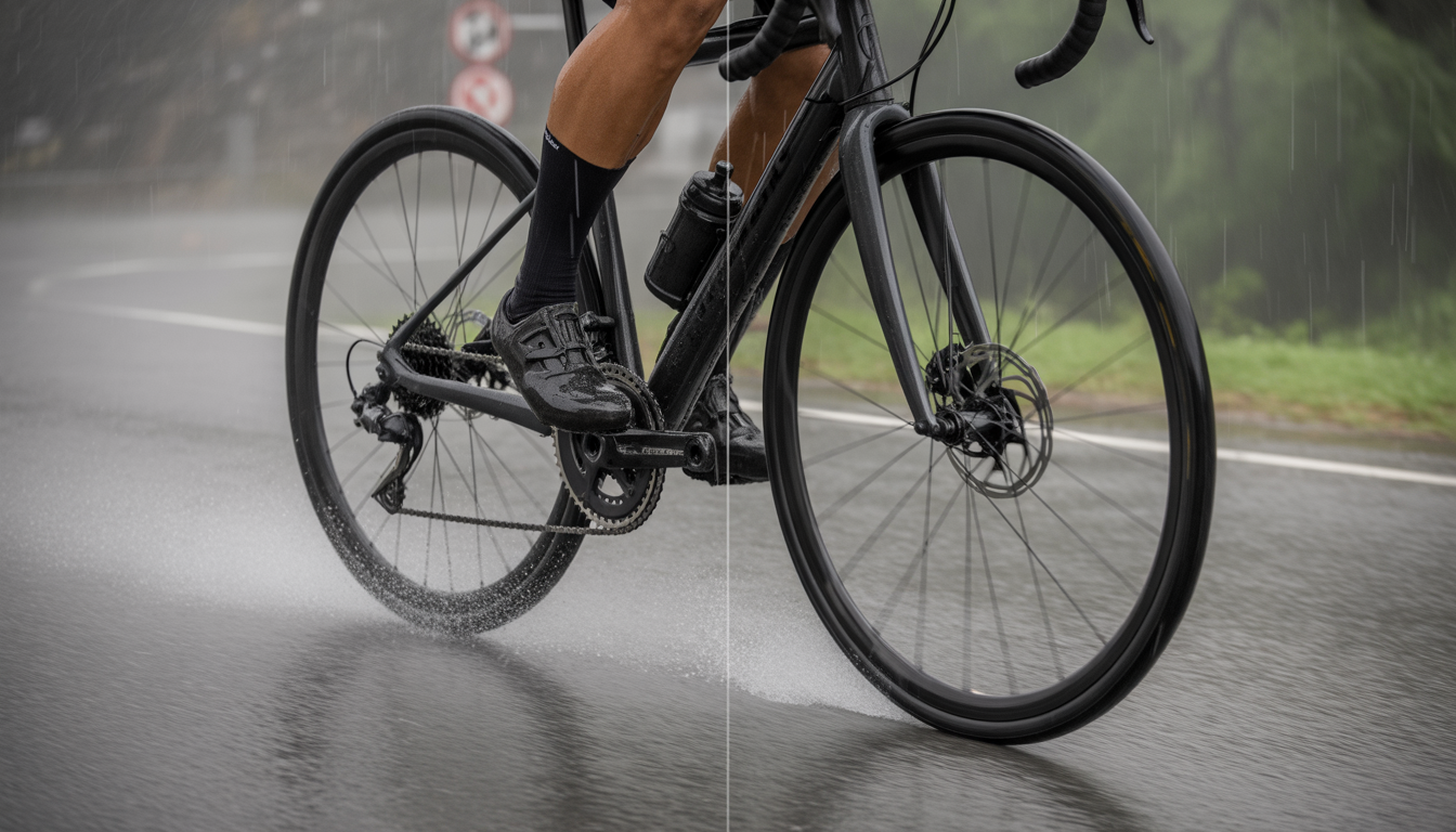 Scène comparative photoréaliste de freinage d’un vélo de route sous la pluie, avec freins sur jante à gauche et freins à disque à droite.