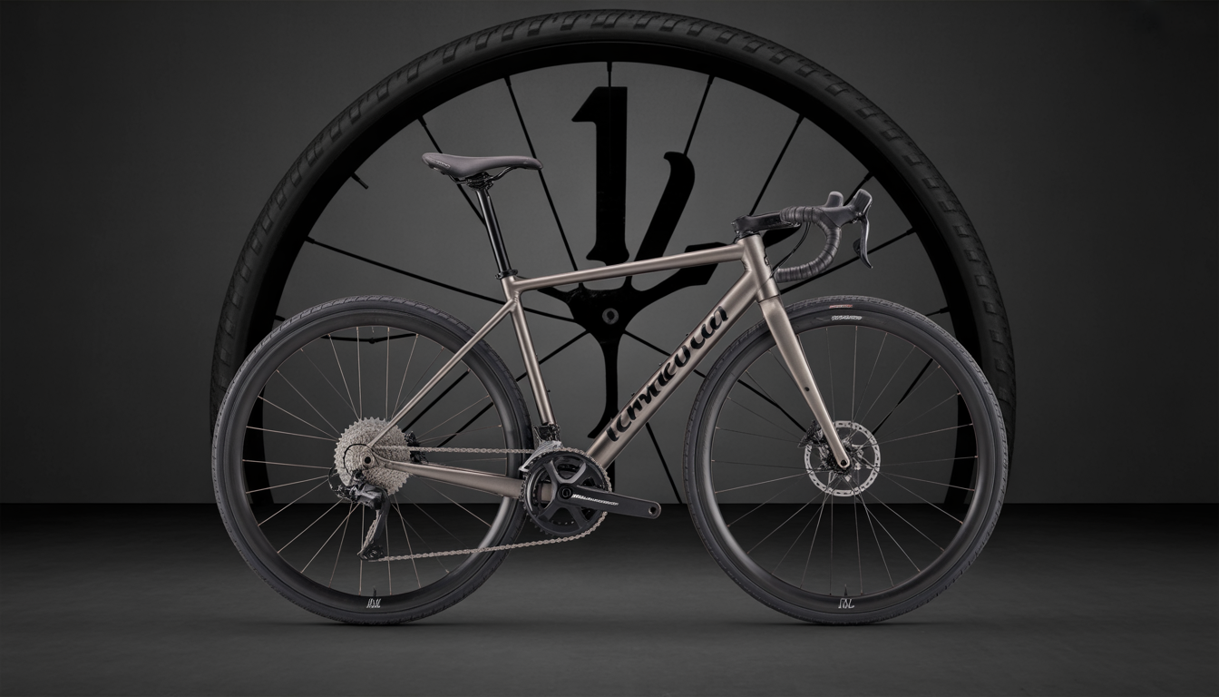 Cadre de vélo de route en fibre de carbone élégant sur fond neutre avec horloge stylisée et symboles discrets de protection contre les chocs, les UV et l’entretien.