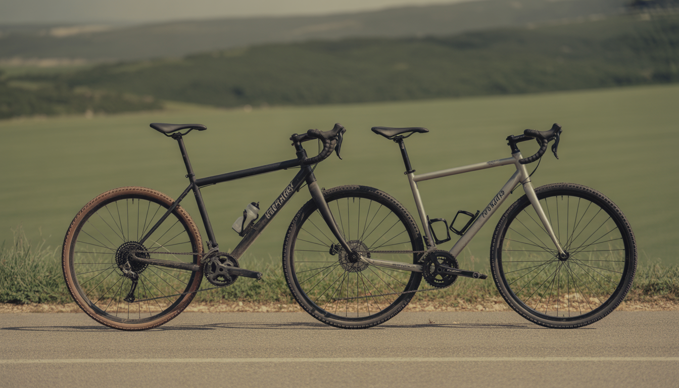 Deux vélos côte à côte sur une route vallonnée : un cadre en fibre de carbone noir mat ultraléger et un cadre en aluminium gris brillant robuste, en photographie réaliste.