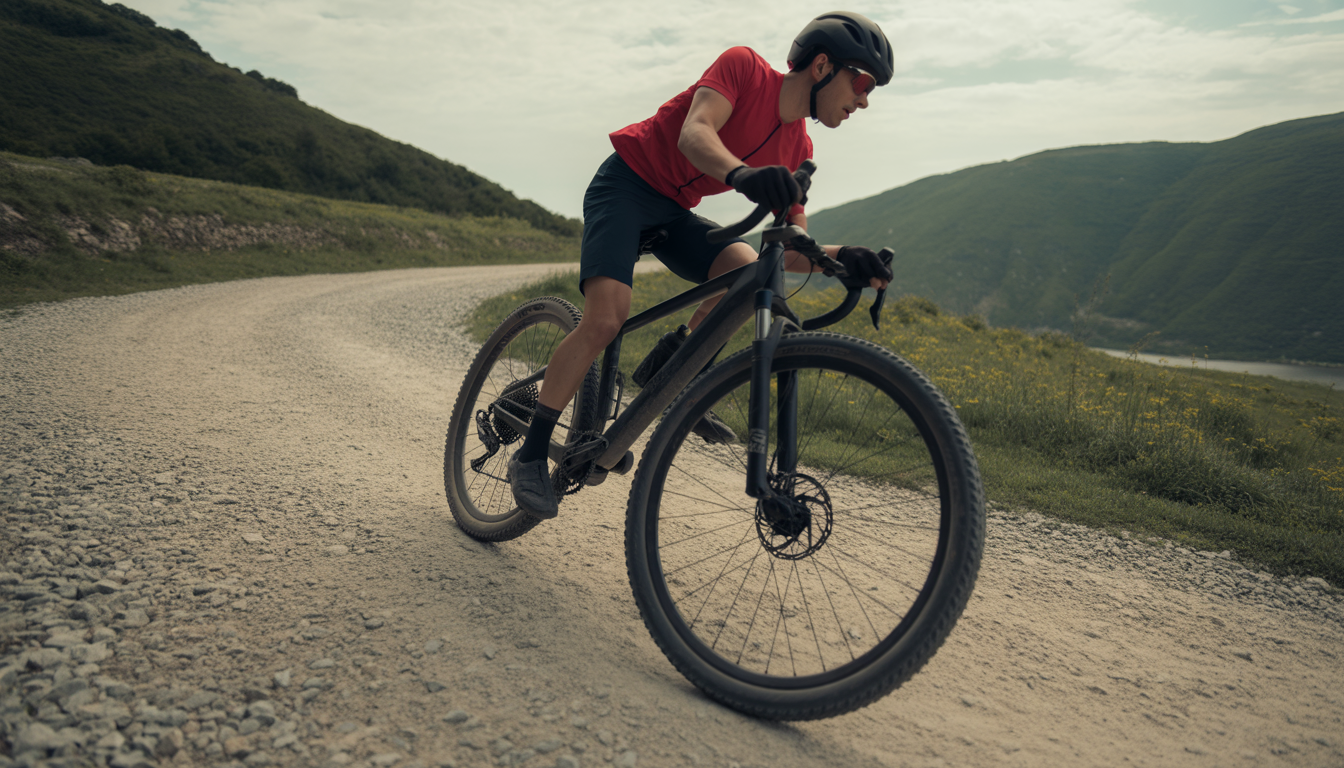 Cycliste en VTT sur un sentier boueux et gravelleux, avec une roue tubeless basse pression épousant le terrain d’un côté et une roue classique avec chambre à air de l’autre, éclaboussures de boue et lumière naturelle.