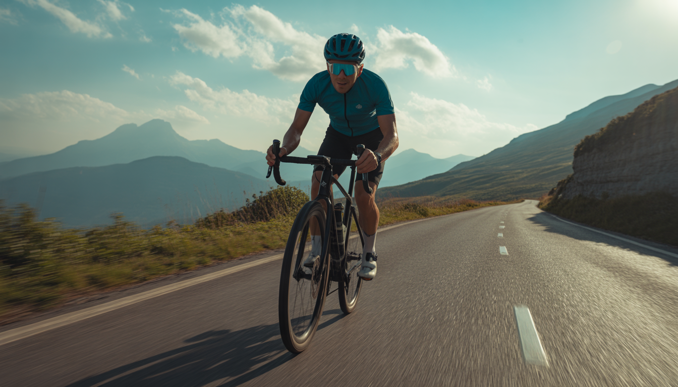 Cycliste en pleine ascension sur un vélo de route, tenant un gel énergétique et un bidon, avec une route de montagne et des sommets sous un ciel bleu en arrière-plan.