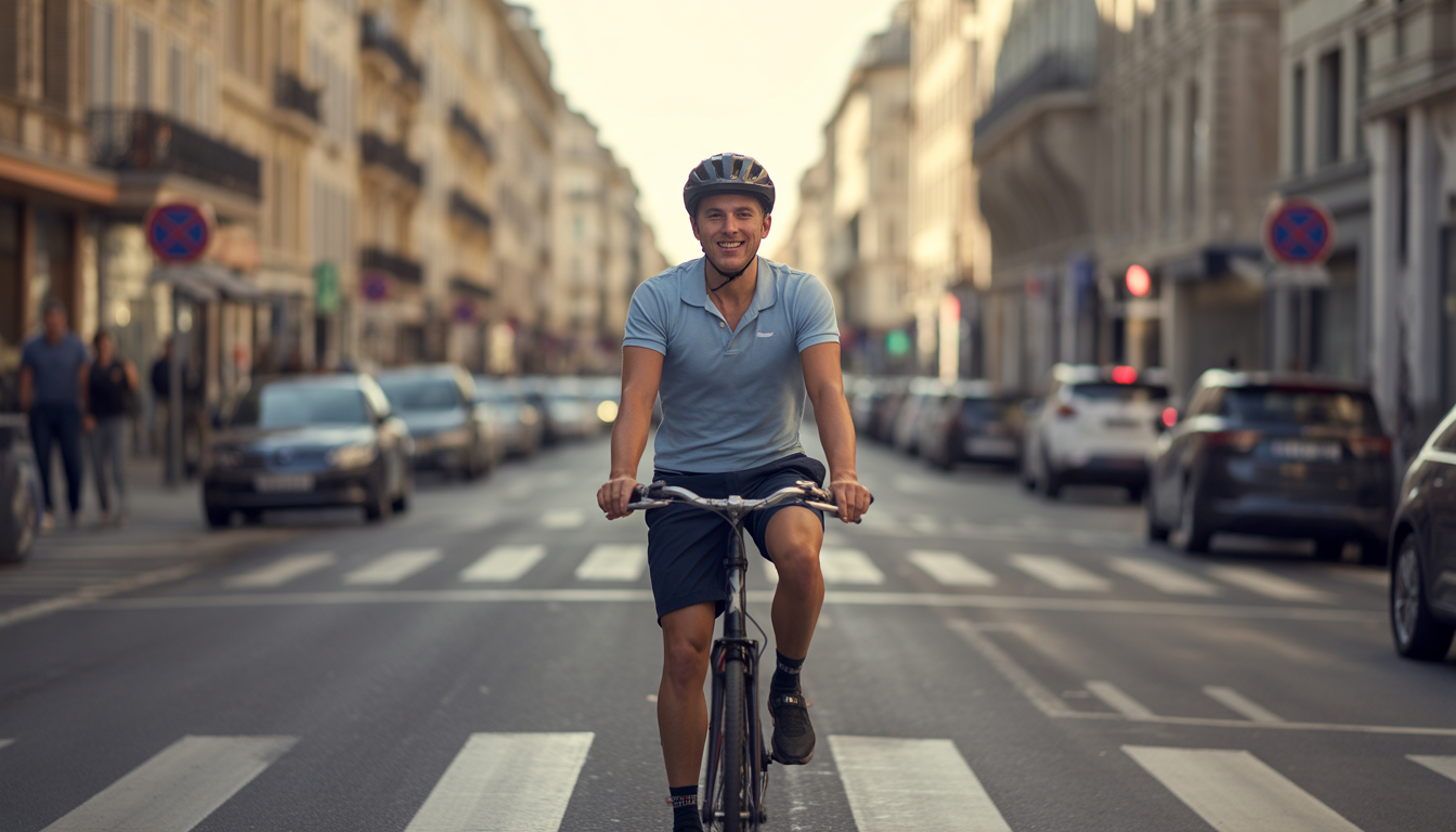Cycliste souriant pédalant dans une rue urbaine ensoleillée avec une ambiance de liberté et de bien-être.