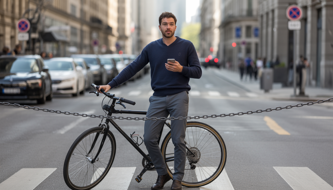 Cycliste consterné tenant un smartphone devant un cadenas brisé, sans vélo, dans une rue urbaine avec un commissariat flou en arrière-plan et des documents d’assurance visibles.