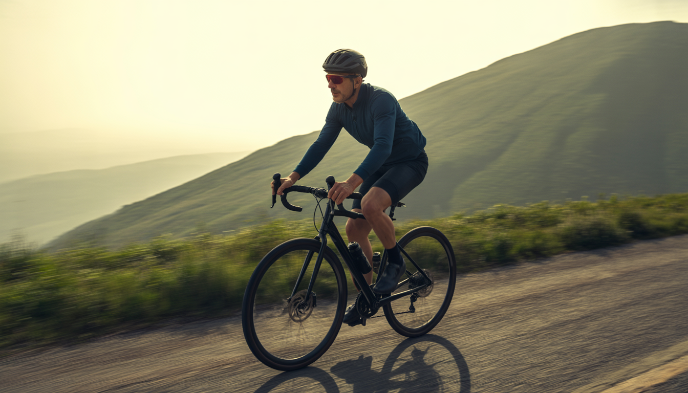 Cycliste de 50 ans en tenue dynamique grimpant une colline verdoyante à vélo de route au lever du soleil, avec lumière dorée et superpositions d’un calendrier d’entraînement et d’icônes d’intervalles.