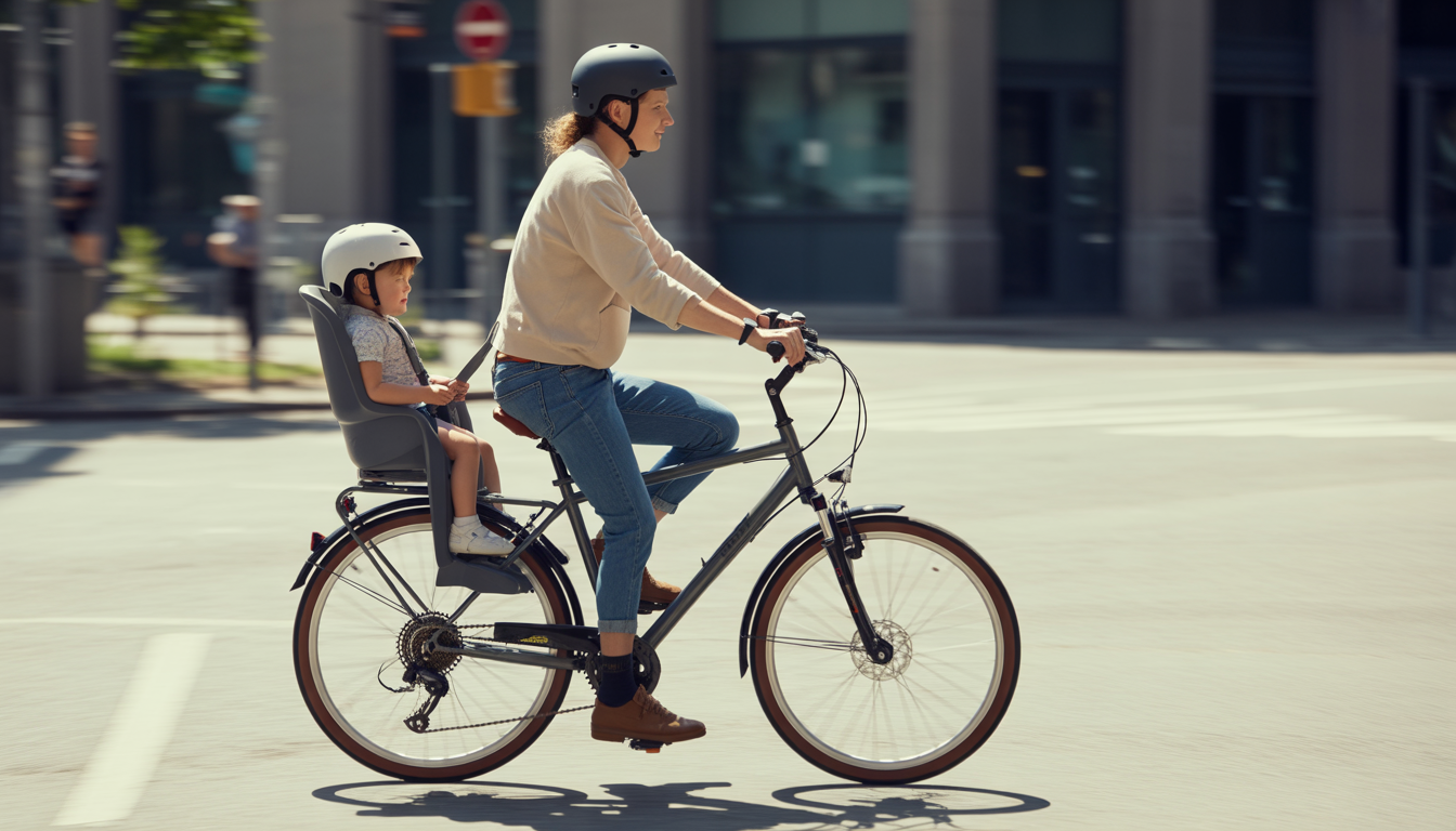 Parent faisant du vélo en ville avec un jeune enfant installé dans un siège enfant arrière homologué, tous deux portant un casque.