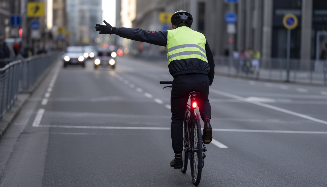 Cycliste en tenue rétroréfléchissante sur une piste cyclable obligatoire, bras gauche tendu pour signaler un changement de direction, avec vélo équipé et feu rouge au premier plan.