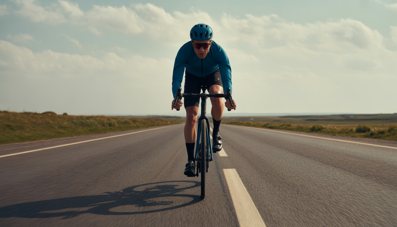 comment rouler contre le vent vélo Cycliste penché en avant sur une route dégagée face à un vent fort, en position aérodynamique avec mains en bas du guidon.
