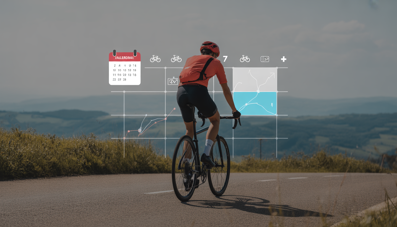Cycliste sur route lors d’une sortie vélo, avec calendrier hebdomadaire en overlay, trois icônes de vélo, flèches de progression et paysage vallonné sous un ciel ensoleillé.