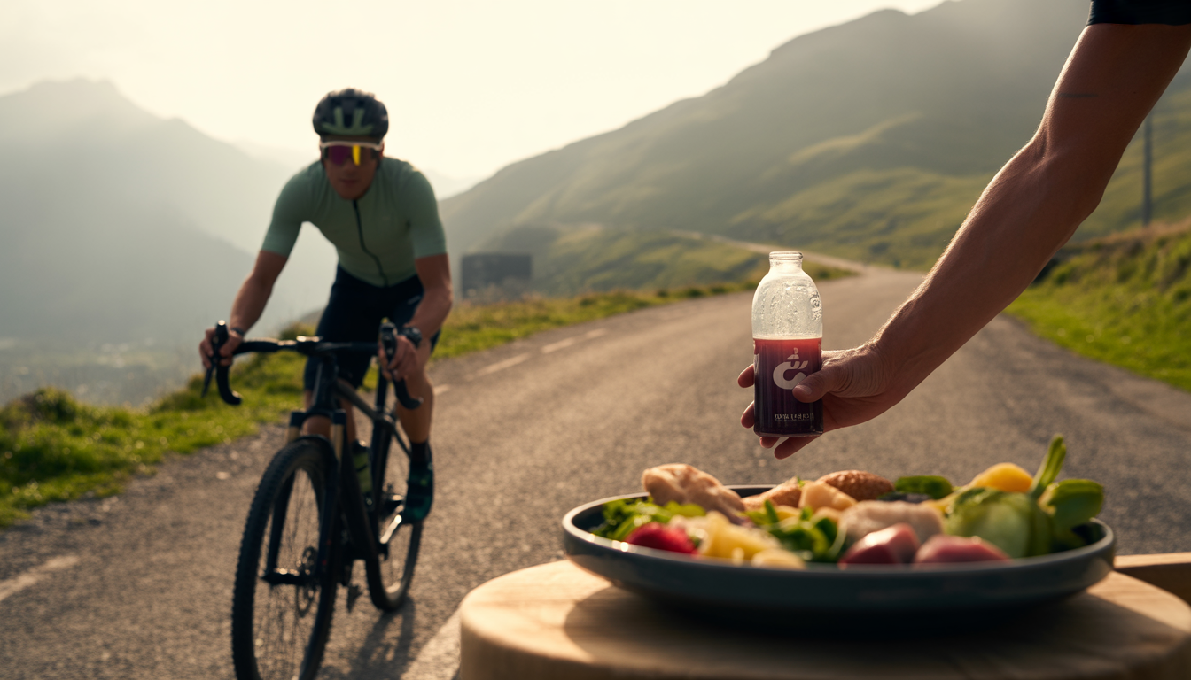 Cycliste en tenue moulante sur une route de montagne au lever du soleil, tenant une boisson énergétique, avec une assiette équilibrée en arrière-plan.