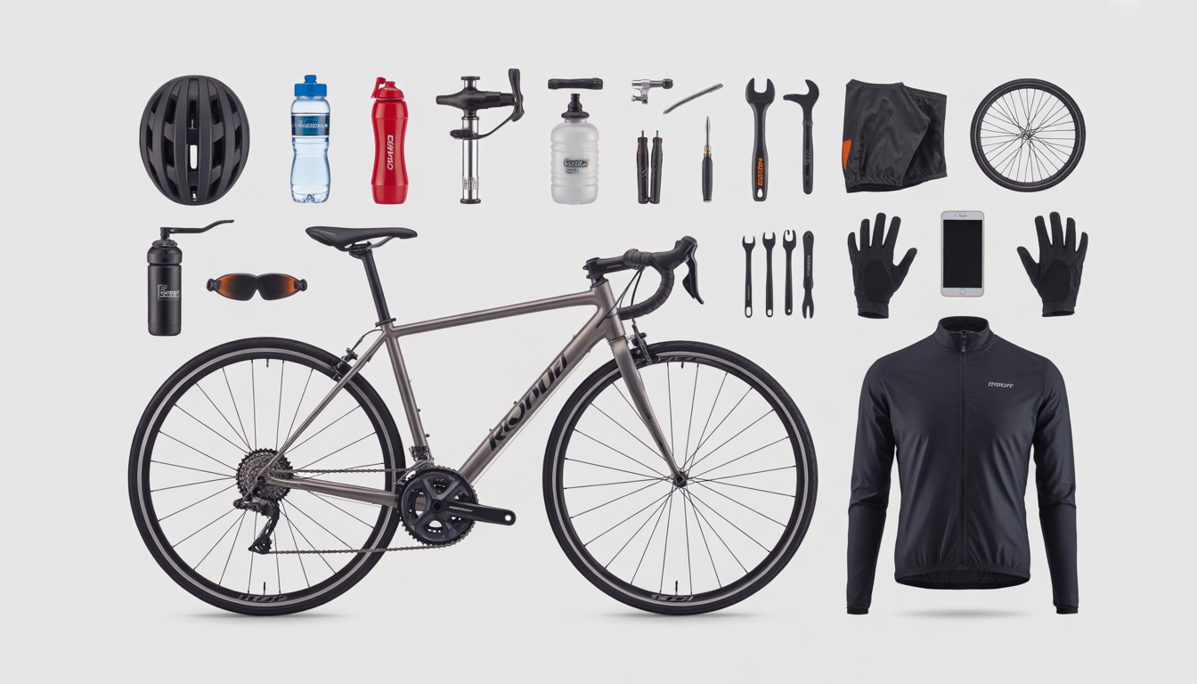 checklist sortie vélo indispensable Vue de dessus d’un vélo de route et des équipements essentiels : casque, gourde, pompe, chambre à air, outils, gants, lunettes, smartphone et veste légère sur fond clair.